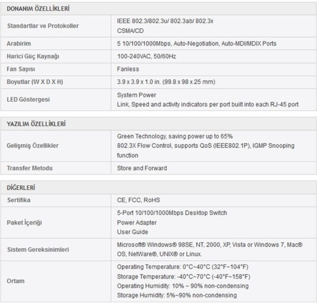 TP-LINK TL-SG105 5-Port 10/100/1000Mbps Qos Destekli Tak ve Kullan % 65 Enerji Tasarruflu Gigabit Switch