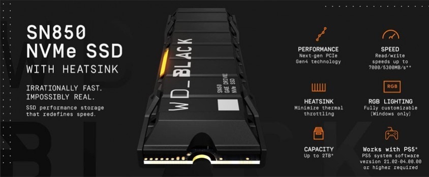 WD Black SN850 1 TB WDS100T1XHE 7000/5300 MB/s M.2 2280 RGB Gaming NVMe SSD