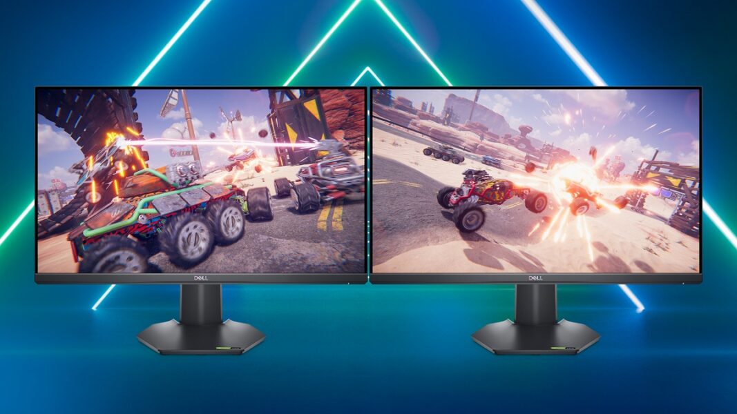 Picture of two Dell G2422HS Gaming Monitors in a shining blue background and a game image on both screens.