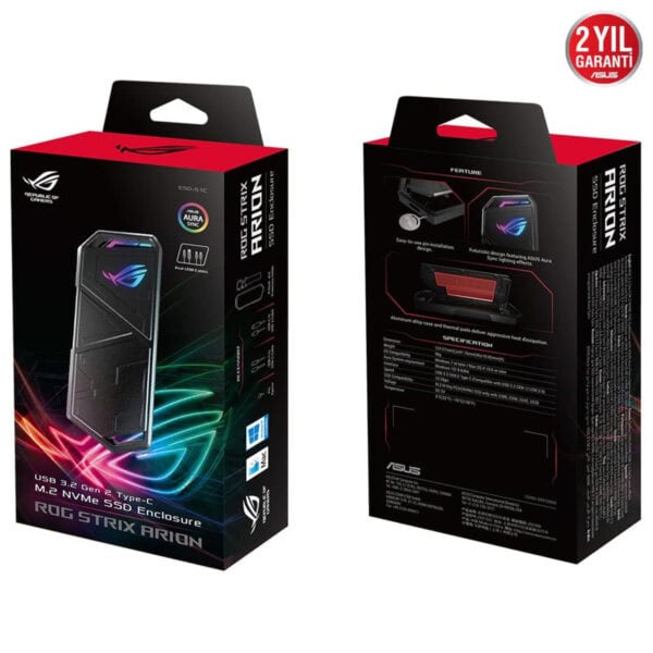 Hızlı ve kolay montajlı ASUS ROG Strix Arion M.2 NVMe SSD kutusu, yüksek performans ve dayanıklılık sağlar, oyun ve veri saklama ihtiyaçları için ideal.