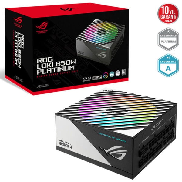 Yüksek performanslı ASUS ROG Loki 850W Platinum güç kaynağı, RGB aydınlatmalı tasarımıyla oyuncu bilgisayarları için ideal, 10 yıl garanti ve sessiz çalışma özelliklerine sahiptir.