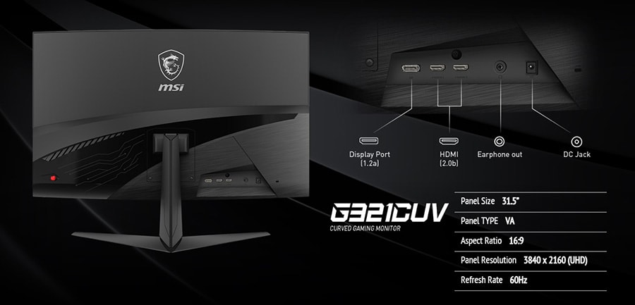 MSI 31.5 inç G321CUV VA 3840x2160 UHD 60HZ 4ms ADAPTIVE SYNC HDR READY Gaming Monitör