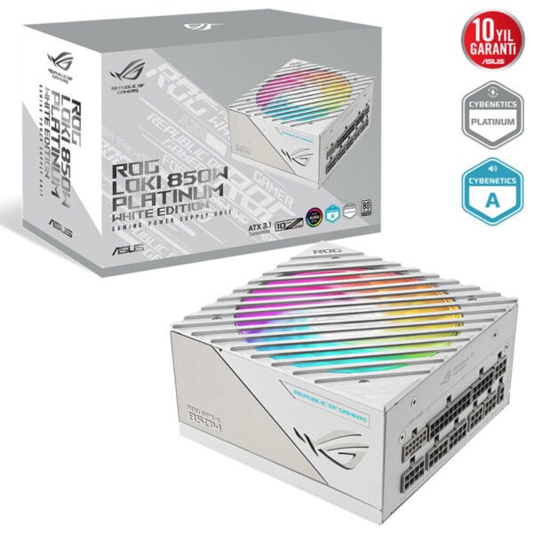 Yüksek performanslı ASUS ROG LOKI 850W Platinum White Edition gaming güç kaynağı, RGB aydınlatmalı ve 80 Plus Platinum sertifikasına sahip, oyunlar ve yüksek grafik gerektiren uygulamalar için ideal.