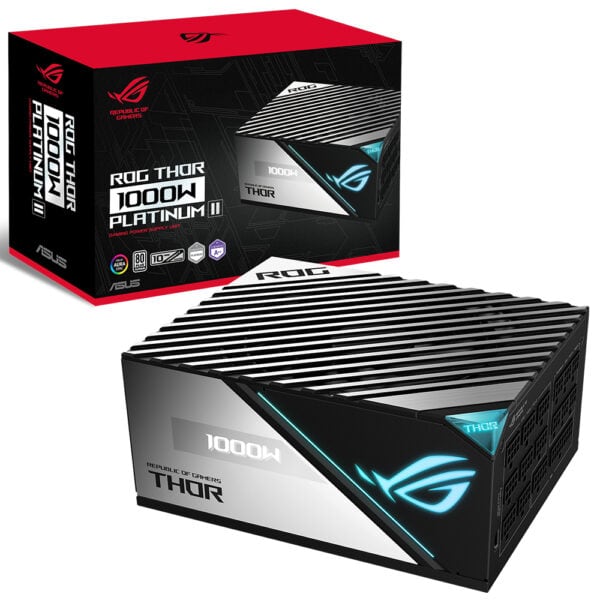 ASUS ROG THOR 1000W 80+ Platinum güç kaynağı, beyaz renkli, modüler tasarım ve 135mm fan ile yüksek performanslı bilgisayar güç kaynağı.
