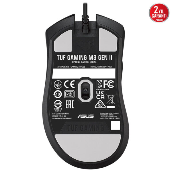 Oyuncu faresinde ASUS TUF Gaming M3 Gen II Optical Gaming Mouse arka görünüm, yüksek performans ve dayanıklılık sağlıyor. Ergonomik tasarımıyla oyun deneyimini artıran bu fare, gaming tutkunları için ideal seçimdir.