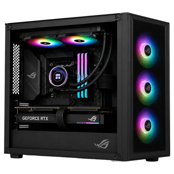 RGB aydınlatmalı gaming bilgisayar kasası iç tasarımı, yüksek performanslı ekran kartı ve soğutucu ile donatılmış, şık ve modern görünümlü bilgisayar sistemi.