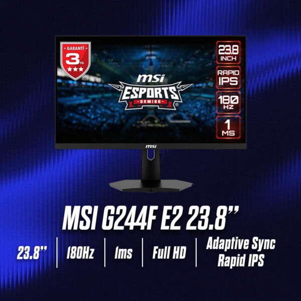 MSI G244F E2 23.8 inç 180Hz 1ms Full HD Adaptive Sync Rapid IPS Gaming Monitör, yüksek performanslı oyun monitörü, geniş ekran ve hızlı tepki süresi ile dikkat çekiyor.