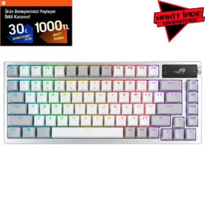 ROG Azoth NX Snow Switch RGB kablosuz mekanik gaming klavye, beyaz renkli, Hotswap özellikli, RGB aydınlatmalı, Türkçe Q klavye düzeni, yüksek performans ve şık tasarım.