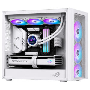 Beyaz renkli ASUS ROG STRIX LC III 360 ARGB sıvı soğutucu, RGB aydınlatmalı fanlar ve yüksek performanslı soğutma özellikleriyle dikkat çekiyor.