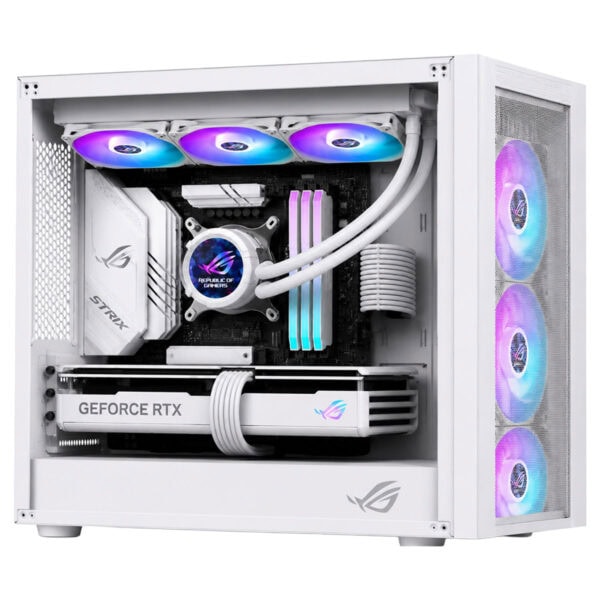 Beyaz renkli ASUS ROG STRIX LC III 360 ARGB sıvı soğutucu, RGB aydınlatmalı fanlar ve yüksek performanslı soğutma özellikleriyle dikkat çekiyor.