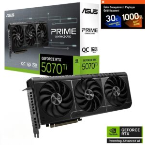 ASUS PRIME GeForce RTX 5070 Ti OC ekran kartı, yüksek performans ve 16GB GDDR7 belleği ile oyun ve grafik işlemleri için ideal.