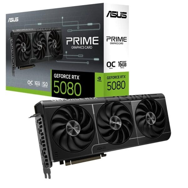 ASUS Prime GeForce RTX 5080 ekran kartı, yüksek performans ve görsel kalite sağlar, oyun ve grafik işlemleri için ideal, dayanıklı ve gelişmiş soğutma sistemi ile öne çıkar.