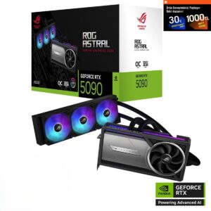 ASUS ROG Astral LC GeForce RTX 5090 OC ekran kartı ve sıvı soğutucu, RGB aydınlatmalı fanlar ve yüksek performans özellikleriyle dikkat çekiyor.