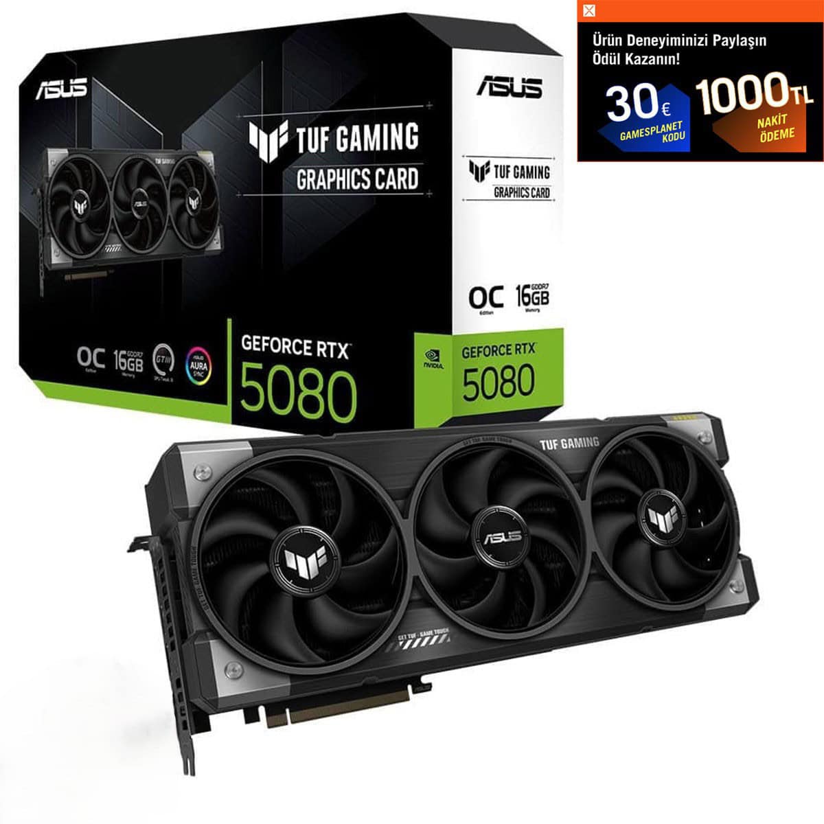 ASUS TUF Gaming GeForce RTX 5080 OC 16GB GDDR7 ekran kartı, yüksek performans ve dayanıklılık sağlayan güçlü grafik kartı.