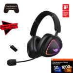 ASUS ROG Delta II Siyah kablosuz oyun kulaklığı, yüksek ses kalitesi ve konfor sunar, RGB aydınlatmalı tasarımıyla dikkat çeker, PlayStation 5 uyumlu, ödüllü tasarım ve üstün ses deneyimi sağlar.