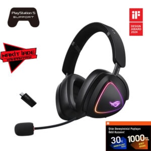 ASUS ROG Delta II Siyah kablosuz oyun kulaklığı, yüksek ses kalitesi ve konfor sunar, RGB aydınlatmalı tasarımıyla dikkat çeker, PlayStation 5 uyumlu, ödüllü tasarım ve üstün ses deneyimi sağlar.