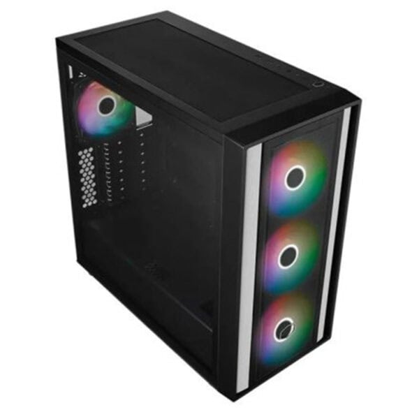 Yüksek performanslı oyun bilgisayarı kasası, RGB aydınlatmalı fanlar ve şeffaf cam panel ile optimize edilmiş doru oyun deneyimi için tasarlandı.