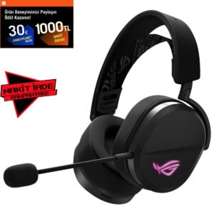 ASUS ROG Pelta Aura Sync RGB PS5 uyumlu siyah kablosuz oyun kulaklığı, yüksek ses kalitesi ve RGB aydınlatma özellikleriyle oyun deneyimini artırır.