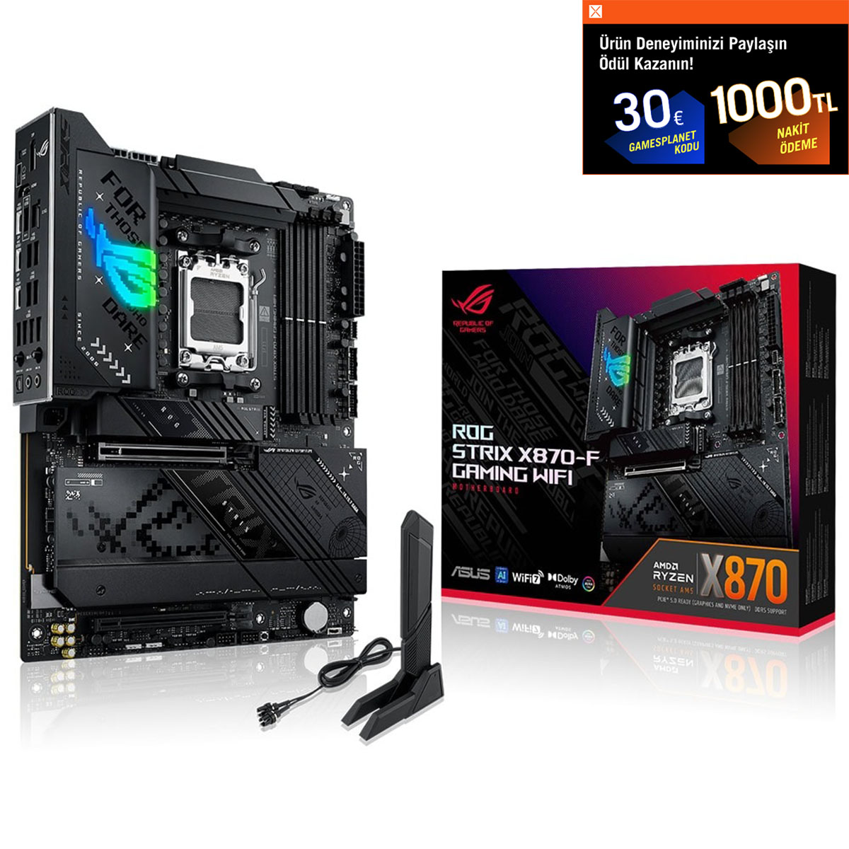 ASUS ROG STRIX X870-F GAMING WIFI 8000MHz OC DDR5 Soket AM5 M.2 HDMI DP ATX Anakart