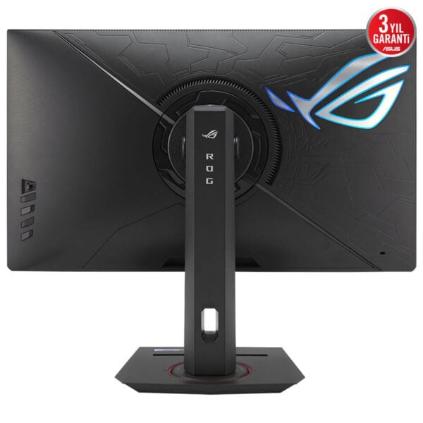Yüksek performanslı ASUS ROG oyun monitörü arka görünüm, şık tasarım ve hareketli RGB aydınlatma özellikleriyle oyuncular için ideal seçim.