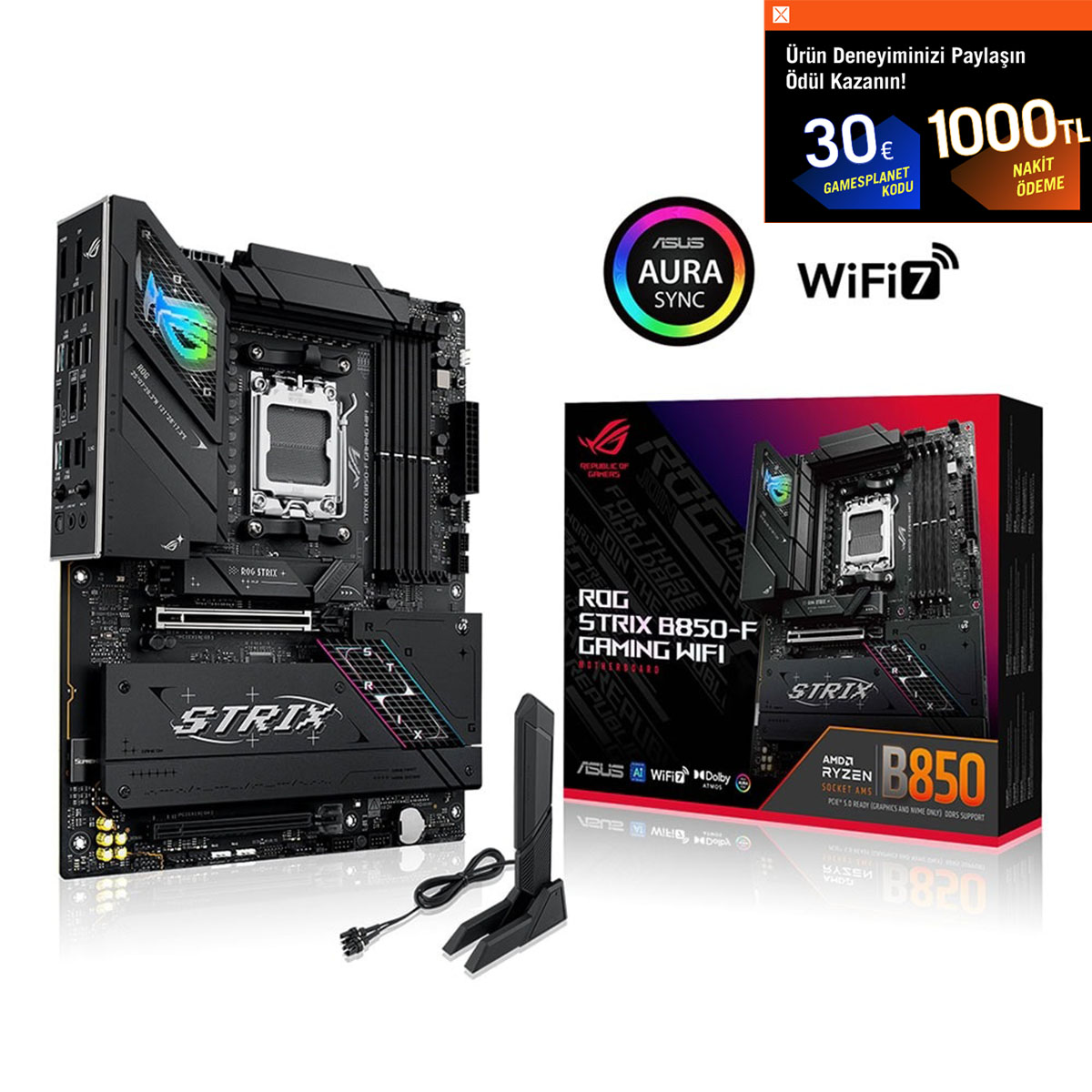 ASUS ROG STRIX B850-F GAMING WIFI 8000MHz OC DDR5 Soket AM5 M.2 HDMI DP ATX Anakart