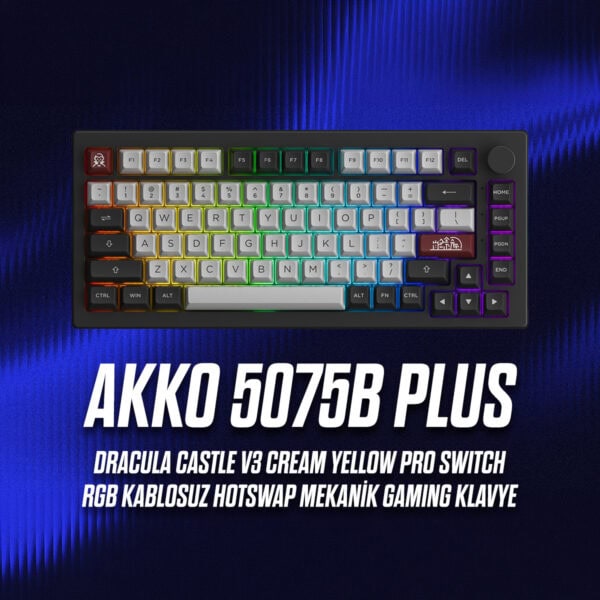 Renkli RGB aydınlatmalı, kablosuz ve hot-swap özellikli mekanik gaming klavye, Dracula Castle V3 tasarımıyla dikkat çekiyor.