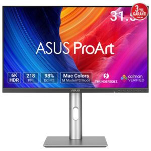 Yüksek çözünürlüklü Asus ProArt 6K HDR monitör, renk doğruluğu ve profesyonel tasarım için ideal, Thunderbolt ve Mac uyumlu, 218 PPI, DCI-P3 renk alanı, 3 yıl garanti.