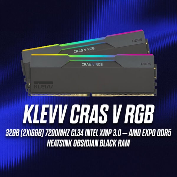 KLEVV Cras V RGB DDR5 RAM modülü, Obsidian Black renkli heatsink ile yüksek performans ve şık tasarım sunar.