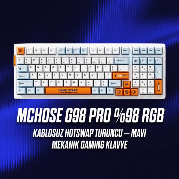 MCHOSE G98 Pro RGB kablosuz mekanik gaming klavye, turuncu ve mavi renk detaylarıyla, hotswap özelliği ve şık tasarımıyla dikkat çekiyor.