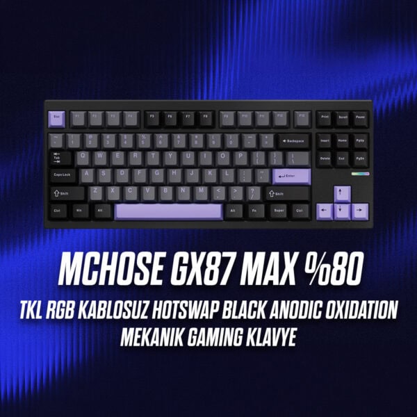 MCHOSE GX87 Max TKL RGB kablosuz mekanik gaming klavye, siyah anodic oksidasyon yüzey, RGB aydınlatmalı, hot-swap özellikli, kompakt tasarım.