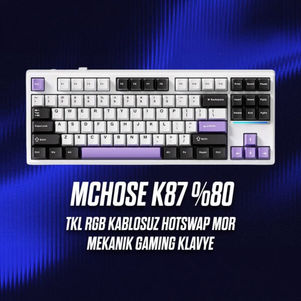MCHOSE K87 TKL RGB kablosuz mekanik gaming klavye, mor renk detaylarıyla, hotswap özelliği ve RGB aydınlatma ile şık ve fonksiyonel tasarım.