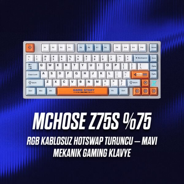 MCHOSE Z75S RGB kablosuz mekanik gaming klavye, turuncu ve mavi renk detaylarıyla, hotswap özellikli ve RGB aydınlatmalı.
