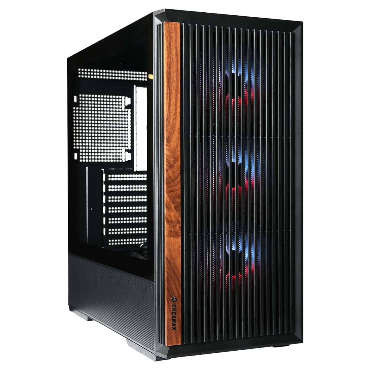Gelişmiş oyun bilgisayarı kasası, siyah metal ve ahşap detaylar, RGB aydınlatmalı fanlar, geniş iç hacim ve modern tasarım.