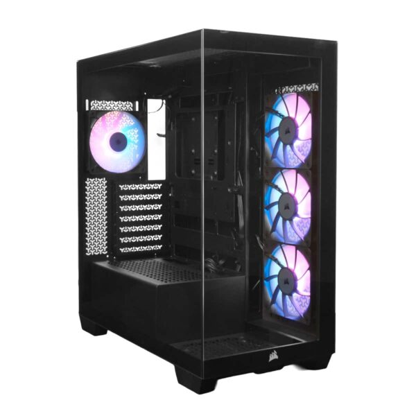 Şeffaf oyun bilgisayarı kasası ve RGB aydınlatmalı fanlar, yüksek performanslı donanım içindir.