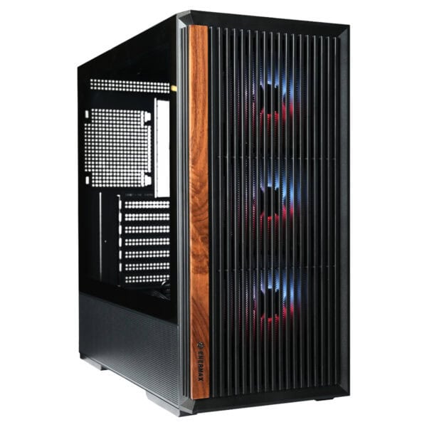 Gelişmiş oyun bilgisayarı kasası, siyah metal ve ahşap detaylar, RGB aydınlatmalı fanlar, geniş iç alan ve modern tasarım.