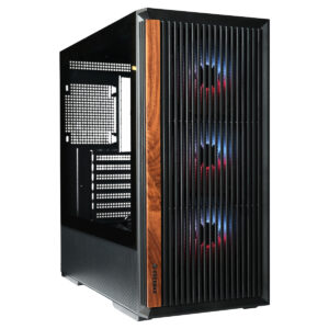 Gelişmiş oyun bilgisayarı kasası, siyah metal ve ahşap detaylar, RGB aydınlatmalı fanlar, geniş iç alan ve modern tasarım.