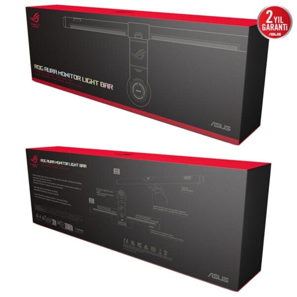 Yüksek çözünürlüklü ASUS ROG Aura Monitör Işık Çubuğu kutusu, oyun ve bilgisayar donanımı aksesuarları, RGB aydınlatma ve gaming ekipmanları için ideal.