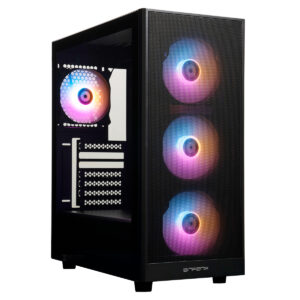 RGB aydınlatmalı fanlara sahip şık gaming kasası, iç kısmı görünür cam panel ile modern ve şık tasarım.