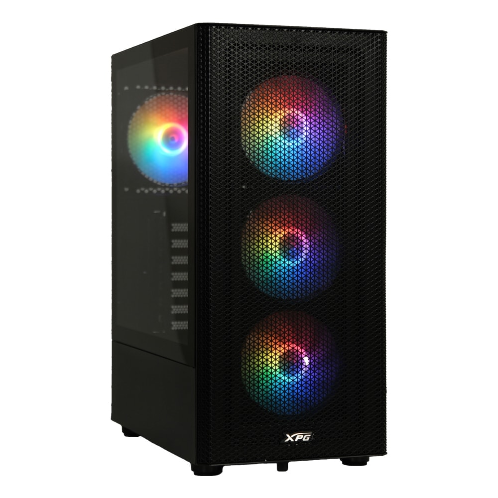 RGB aydınlatmalı üç fanlı oyun bilgisayarı kasası, siyah renkli, hava akışlı metal ön panel ve şeffaf yan panel ile modern tasarım.