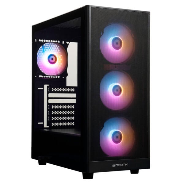 RGB aydınlatmalı fanlara sahip, şık ve modern bilgisayar kasası, iç kısmı görünür cam panel ile yüksek performanslı sistem kurulumu için ideal.