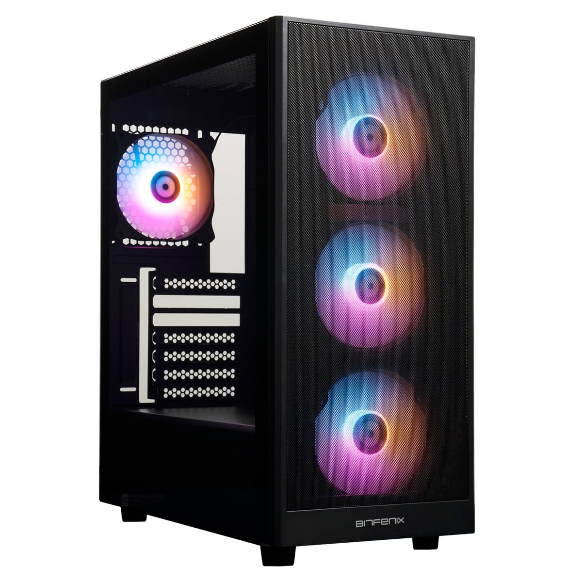 RGB aydınlatmalı üç fanlı bilgisayar kasası, şeffaf ön panel ve iç aydınlatma ile modern tasarım.