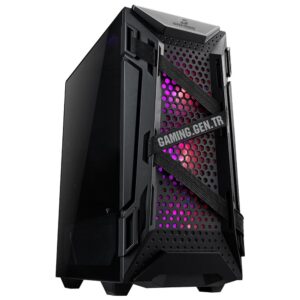 RGB aydınlatmalı oyun bilgisayarı kasası, hava akışlı ve şık tasarım, yüksek performanslı donanım için uygun.