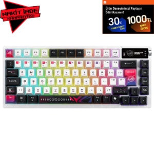 ASUS ROG Azoth X NX Snow RGB kablosuz mekanik gaming klavye, renkli aydınlatma ve hot-swap özellikleriyle yüksek performans sağlar. Türkçe Q klavye düzeni ve şık tasarımıyla oyun ve ofis kullanımı.