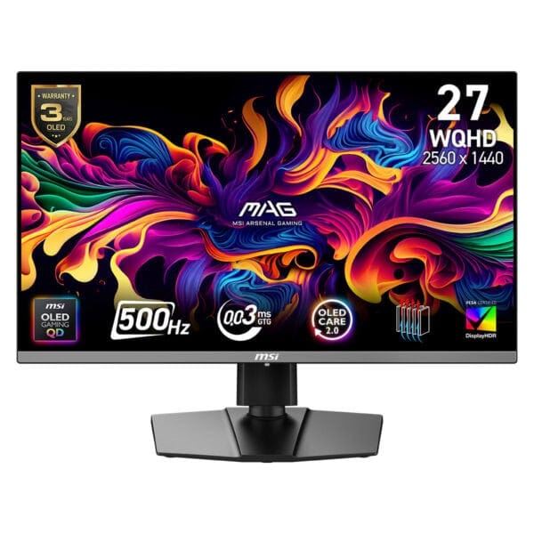Yüksek çözünürlüklü MSI MAG ARMOR Y30 27 inç 2560x1440 WQHD gamers monitoru, OLED panel, 500Hz yenileme hızı ve 0.3ms tepki süresi ile profesyonel oyunculara özel tasarım.