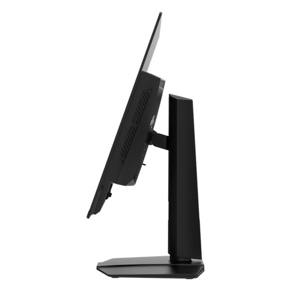 Yüksek çözünürlüklü bilgisayar monitörü yan profile görünüm, oyun ve profesyonel kullanım için ideal, modern tasarım, ergonomik ayar imkanı, oyun ve grafik çalışmaları için uygun.