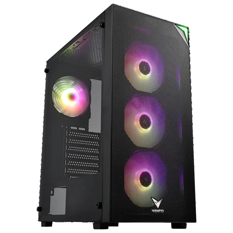 RGB aydınlatmalı Vento gaming kasası, ön panelde üç büyük fan ve yan panelde cam ile şık ve performanslı bilgisayar kasası.