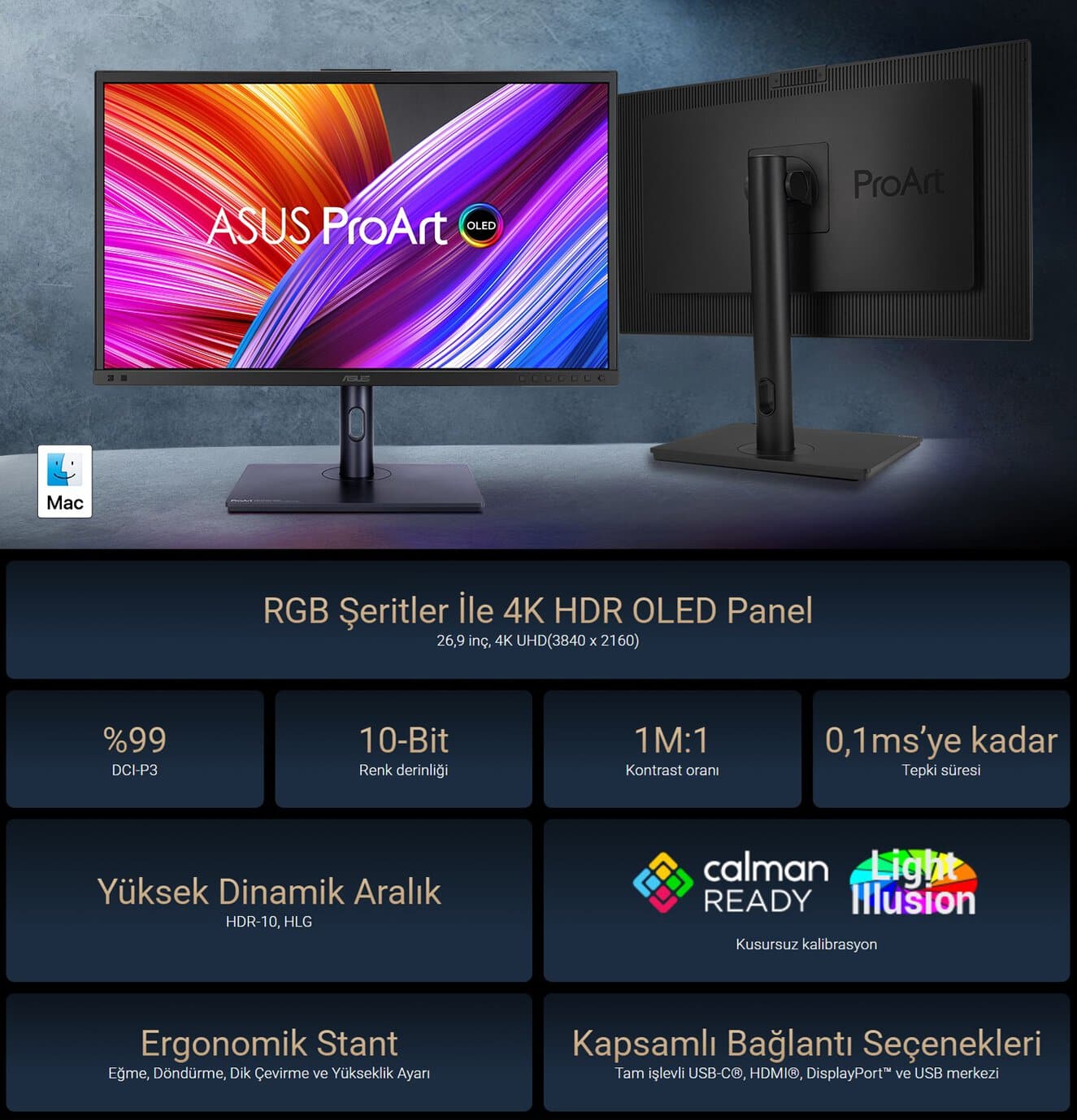 Ayrıntılı bilgisayar monitörü ve özellikleri, 4K HDR OLED panel, RGB renk şeritleri, yüksek dinamik aralık ve geniş bağlantı seçenekleri ile profesyonel ve oyun kullanımı için ideal.