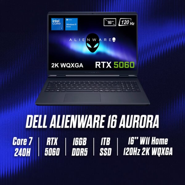 Dell Alienware 16 Aurora gaming dizüstü bilgisayarı, 16 inç 2K WQXGA ekran, RTX 5060 ekran kartı, 16GB DDR5 RAM, 1TB SSD, Windows 11 Home, 120Hz yenileme hızı ile.