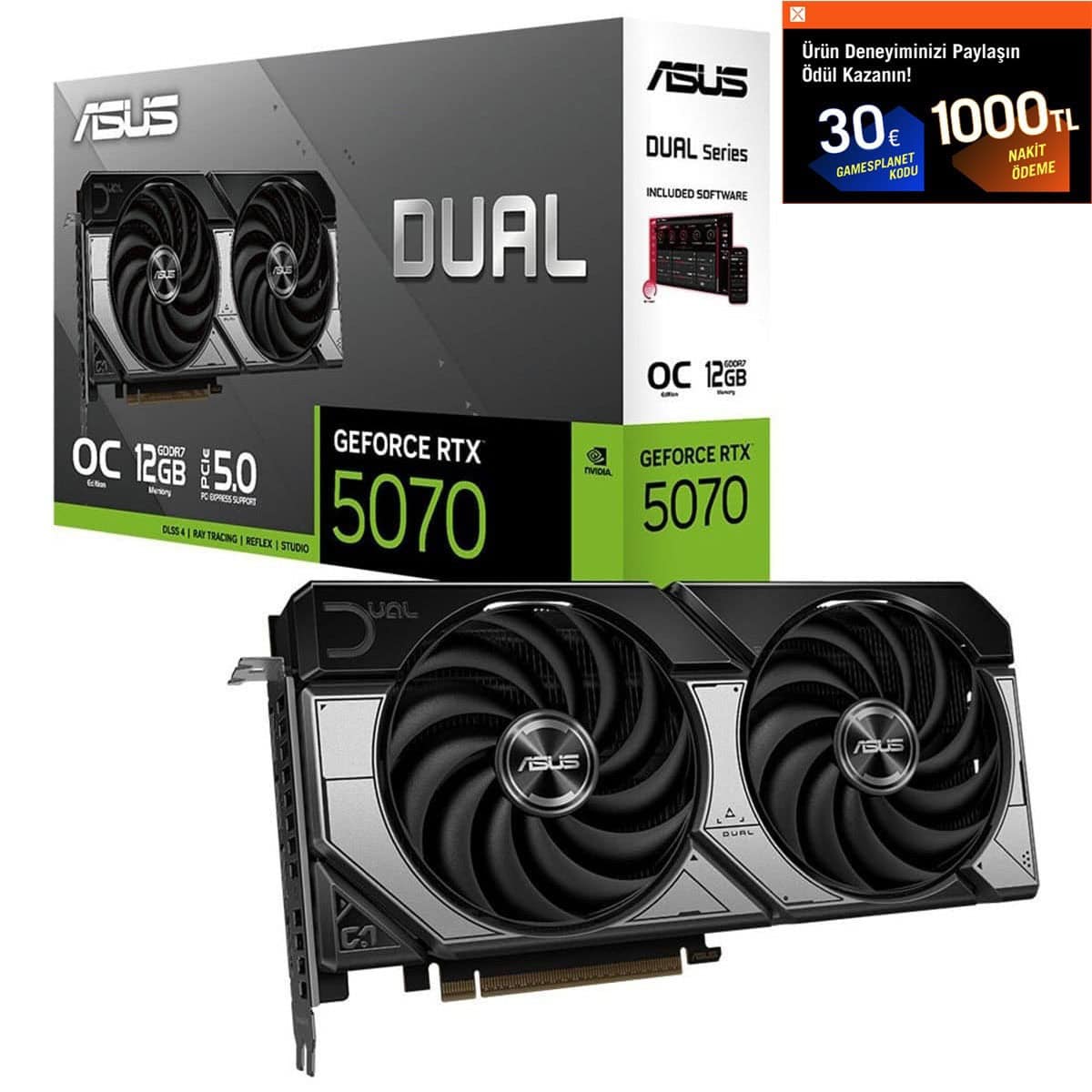ASUS DUAL GeForce RTX 5070 OC ekran kartı, çift fanlı soğutma sistemi ve yüksek performanslı grafik işlemci ile oyun ve grafik tasarım için ideal.