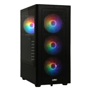 RGB aydınlatmalı üç fanlı bilgisayar kasası, siyah renkli ve ön panelde hava delikleri bulunuyor.